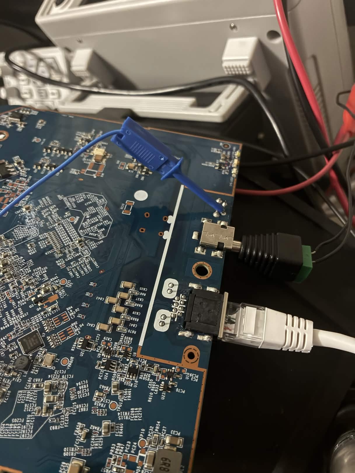 MR18 board overview—JTAG header soldered, ethernet and barrel jack connected