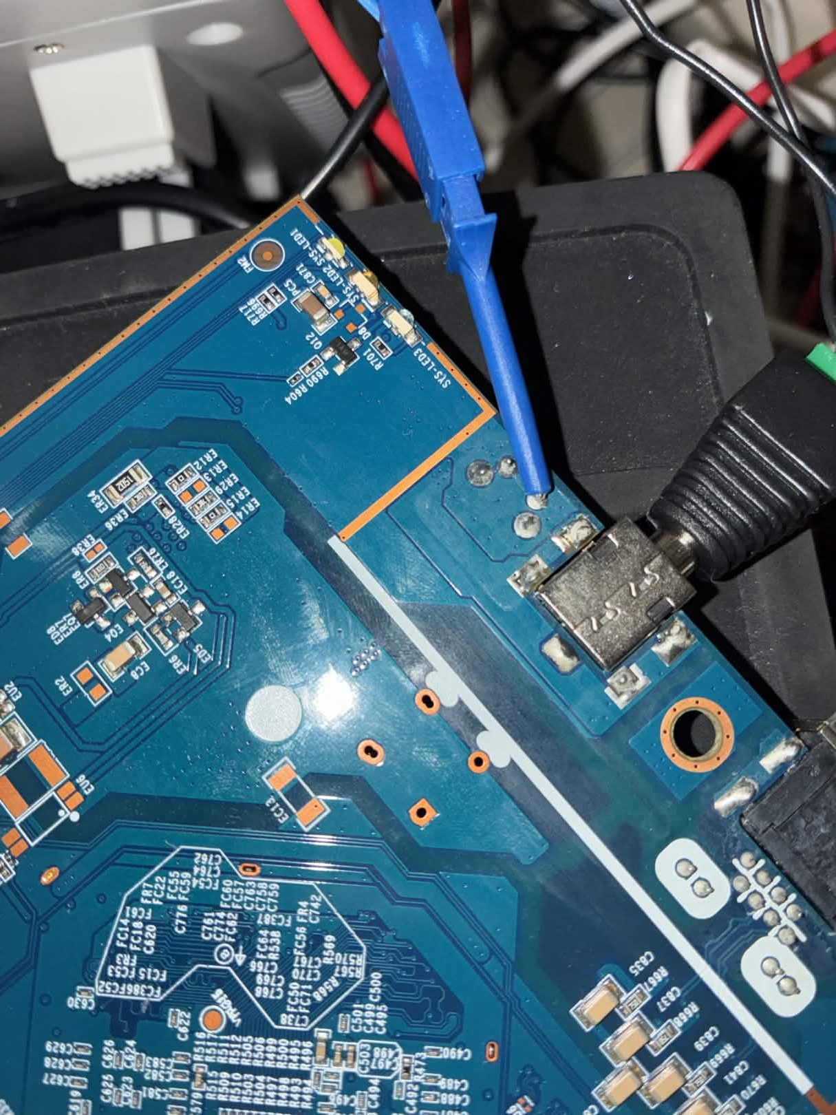 Close-up of MR18 JTAG and UART pad area