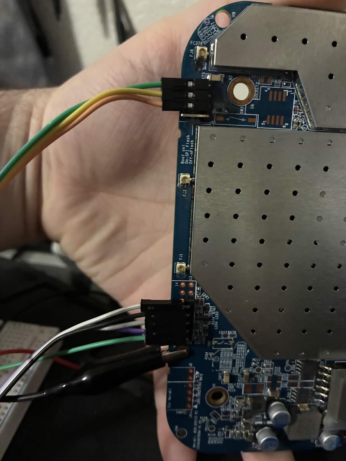MR18 board with JTAG and UART headers wired